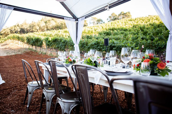 Table set up outside at Napa Valley with grapevines in the background