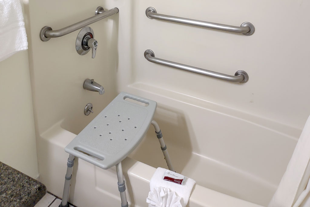 Shower seat and grab bars in bathtub